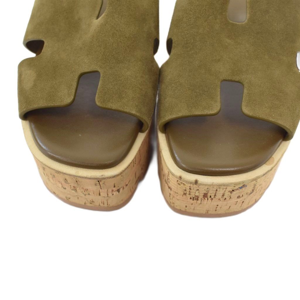 Hermes Eze Sandals H Logo Suede Cork Wedge Sole Thick Khaki Beige — view 3