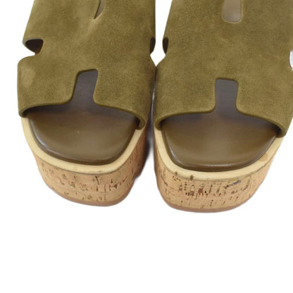 Hermes Eze Sandals H Logo Suede Cork Wedge Sole Thick Khaki Beige — view 3