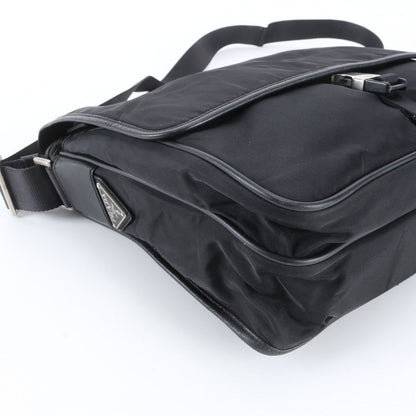 Prada Tessuto Nylon Triangle Logo Leather Shoulder Bag Crossbody Messenger Black — view 6