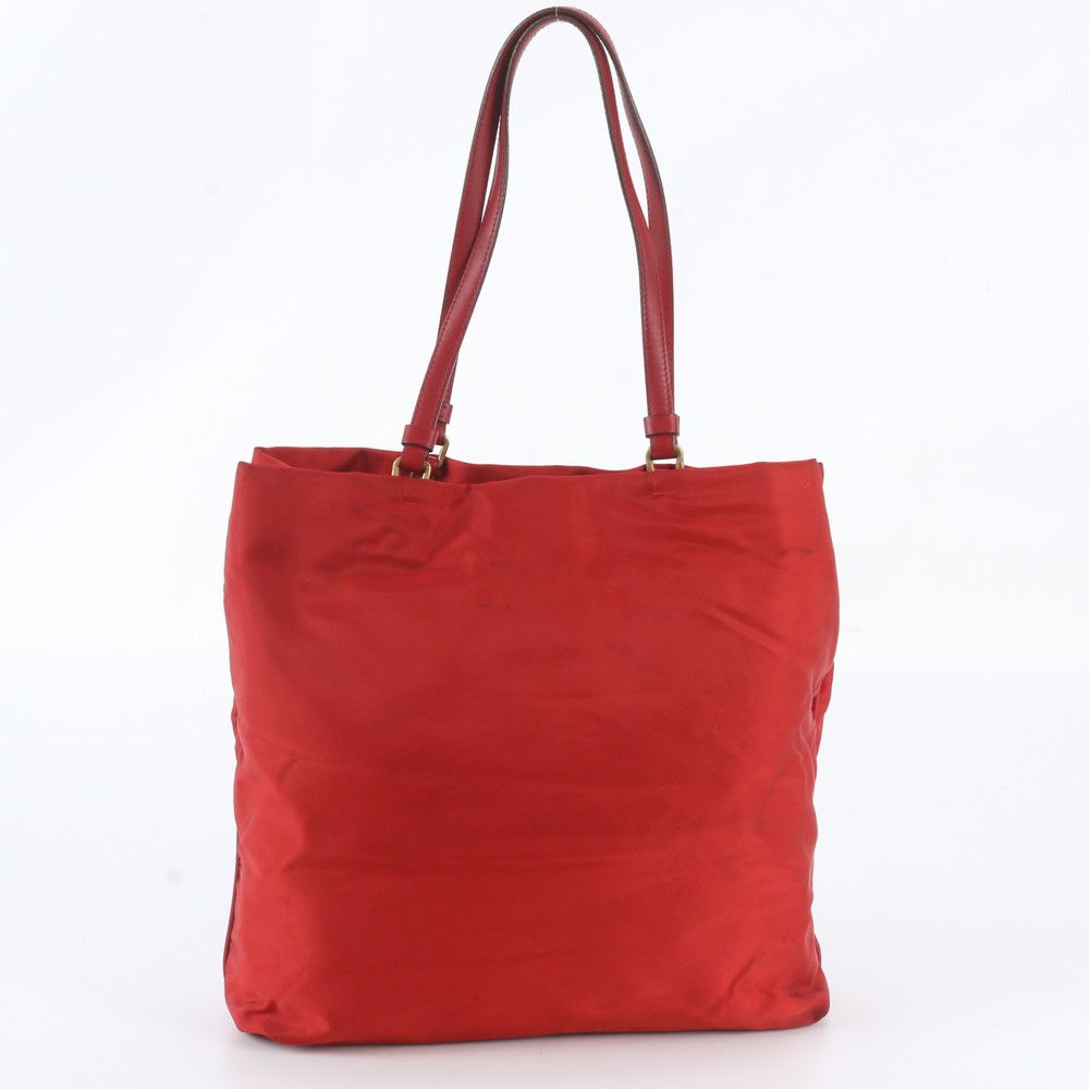 Prada Tessuto Nylon Triangle Logo Leather Red Tote Bag Shoulder — view 3
