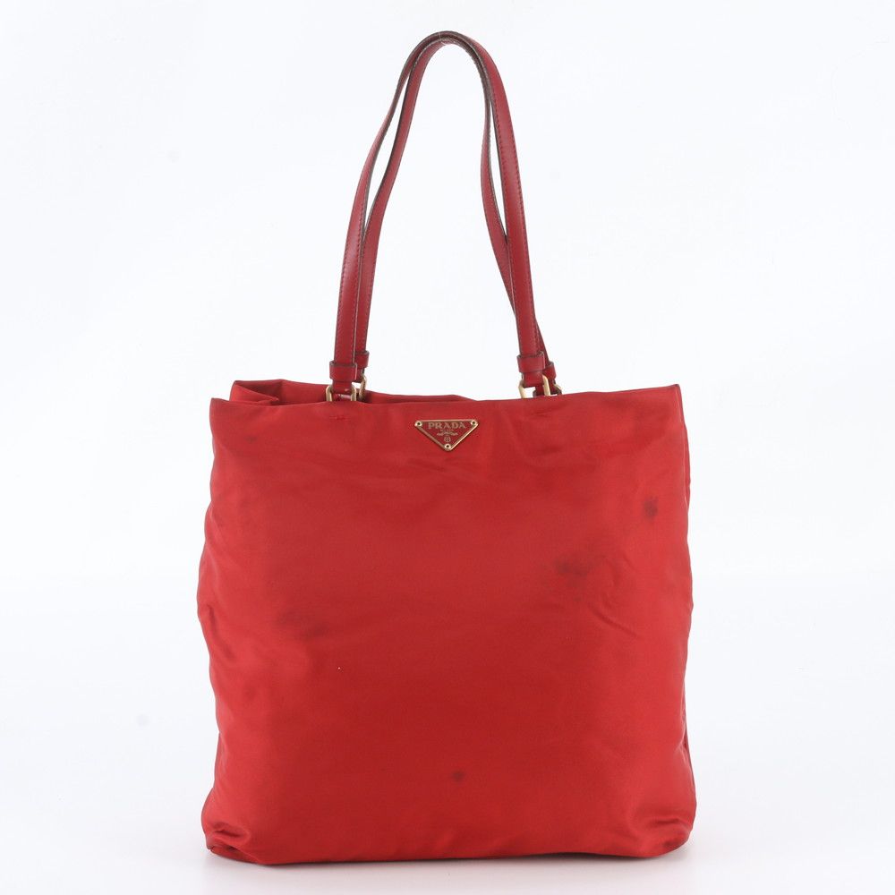 Prada Tessuto Nylon Triangle Logo Leather Red Tote Bag Shoulder