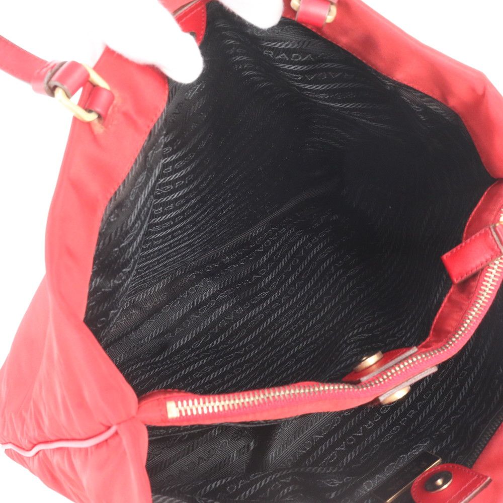 Prada Tessuto Nylon Triangle Logo Leather Red Tote Bag Shoulder — view 7