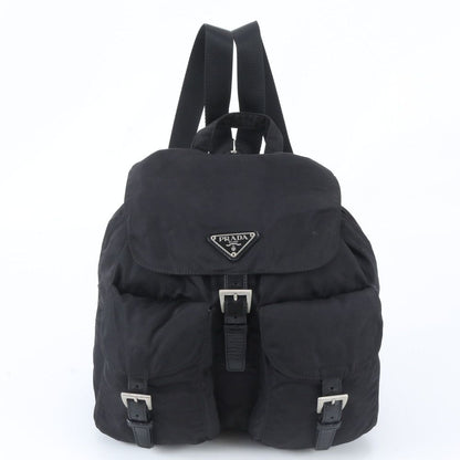 Prada Tessuto Nylon Triangle Logo Leather Backpack Black