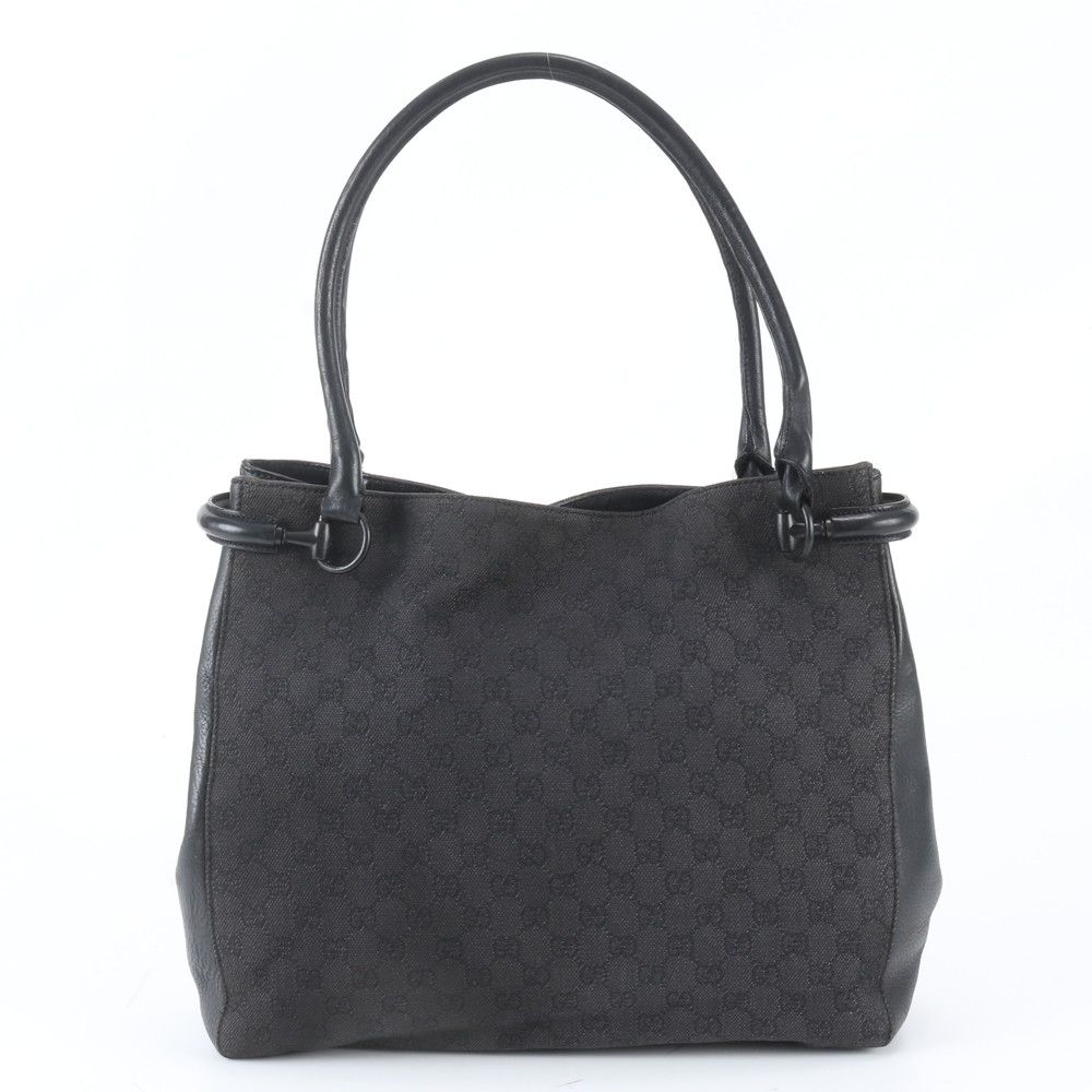 Gucci GG Canvas Horsebit Leather Tote Bag Shoulder Hand Black