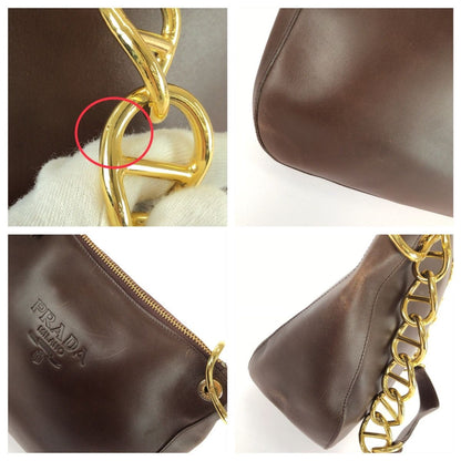 Prada Vintage Embossed Logo Brown Gold Leather Shoulder Bag — view 5