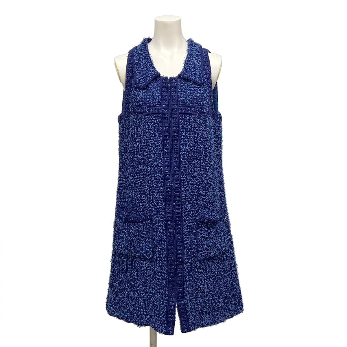 Chanel Dress M Blue Tweed Zip Up Cotton 38