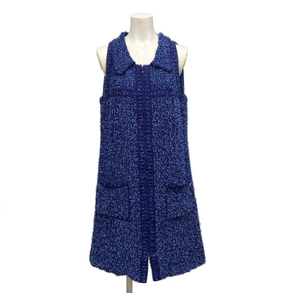 Chanel Dress M Blue Tweed Zip Up Cotton 38