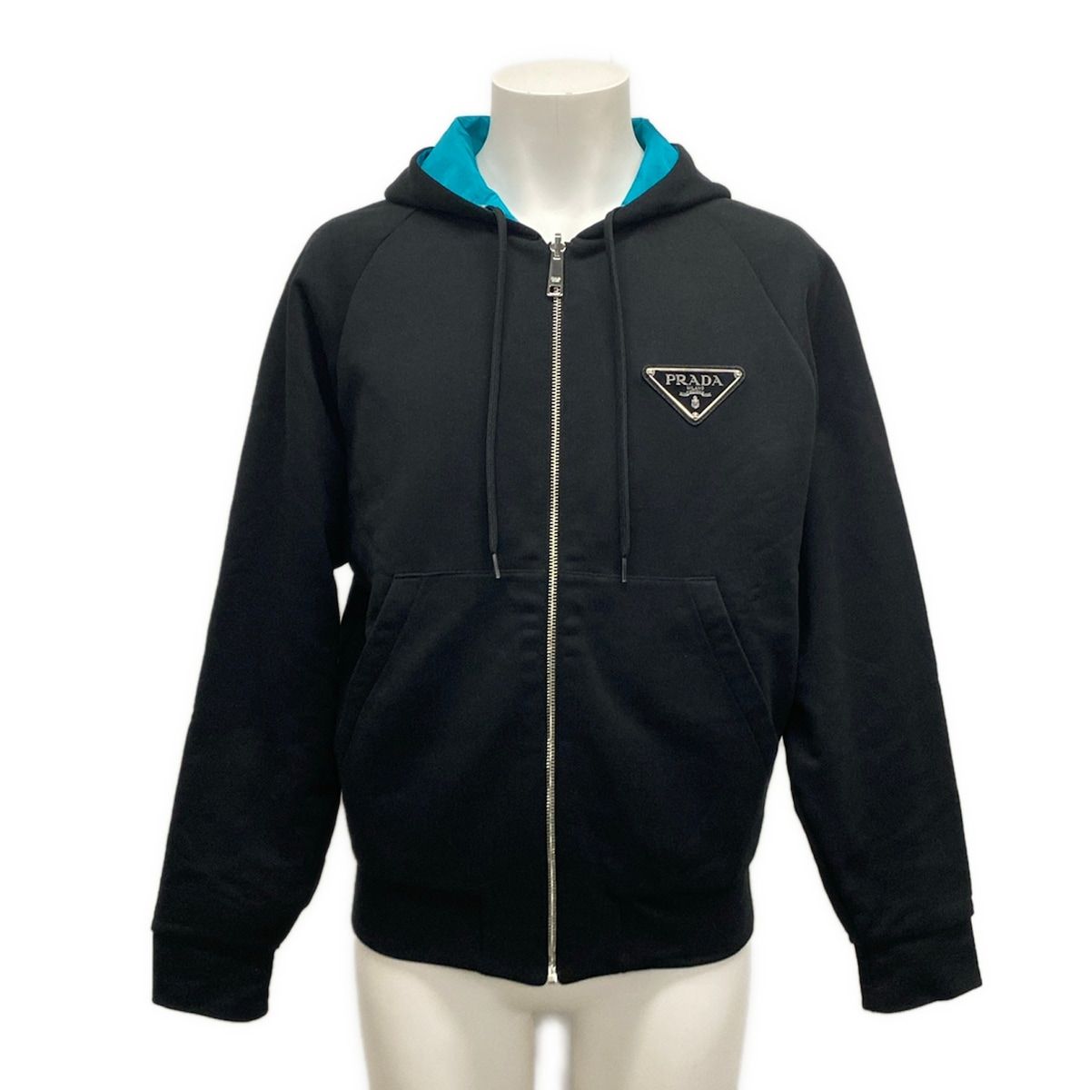 Prada Hoodie Black Light Blue Triangle Logo Reversible Cotton XS