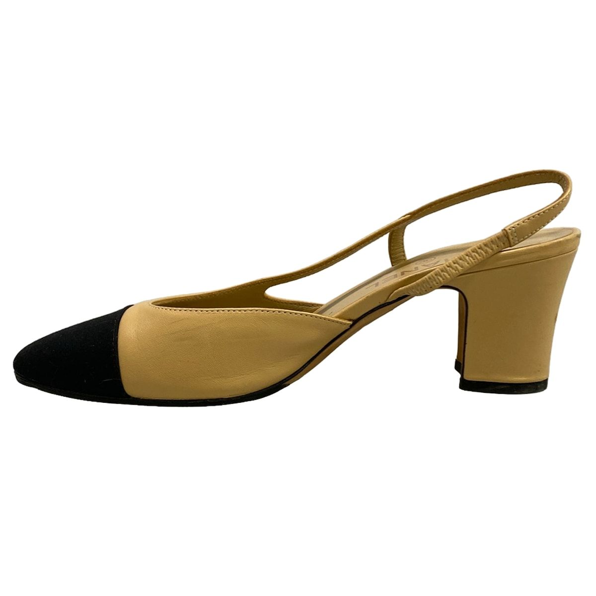 Chanel Mules C Slingback Shoes Beige Black CC Logo Leather — view 3