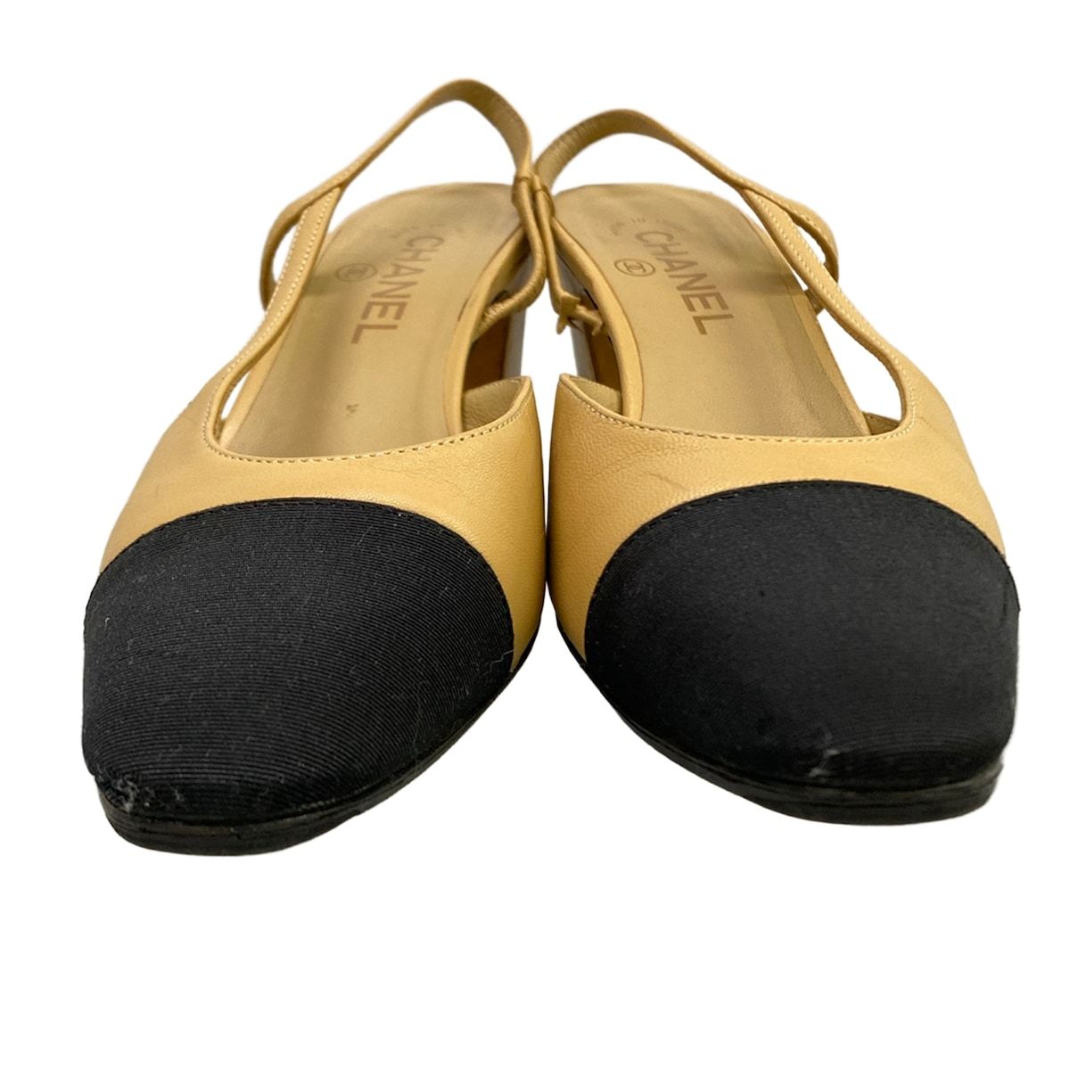 Chanel Mules C Slingback Shoes Beige Black CC Logo Leather — view 5