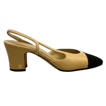 Chanel Mules C Slingback Shoes Beige Black CC Logo Leather — view 4