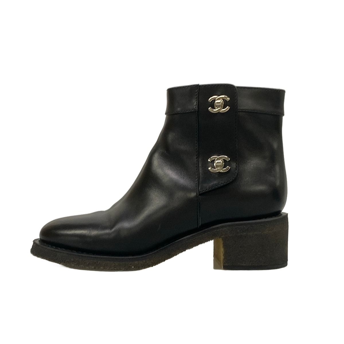 Chanel Short Boots Black Silver CC Logo Turnlock Leather
