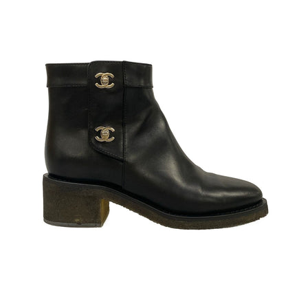 Chanel Short Boots Black Silver CC Logo Turnlock Leather — view 4