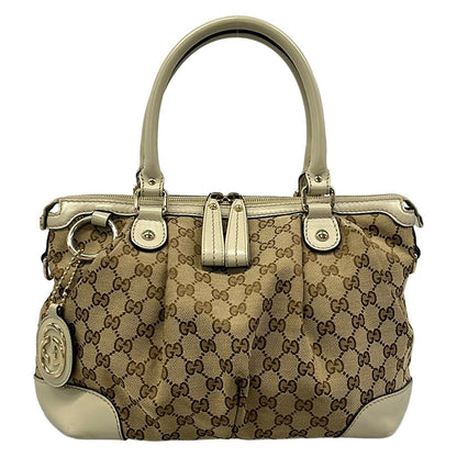 Gucci Handbag Dark Brown Beige Ivory Leather