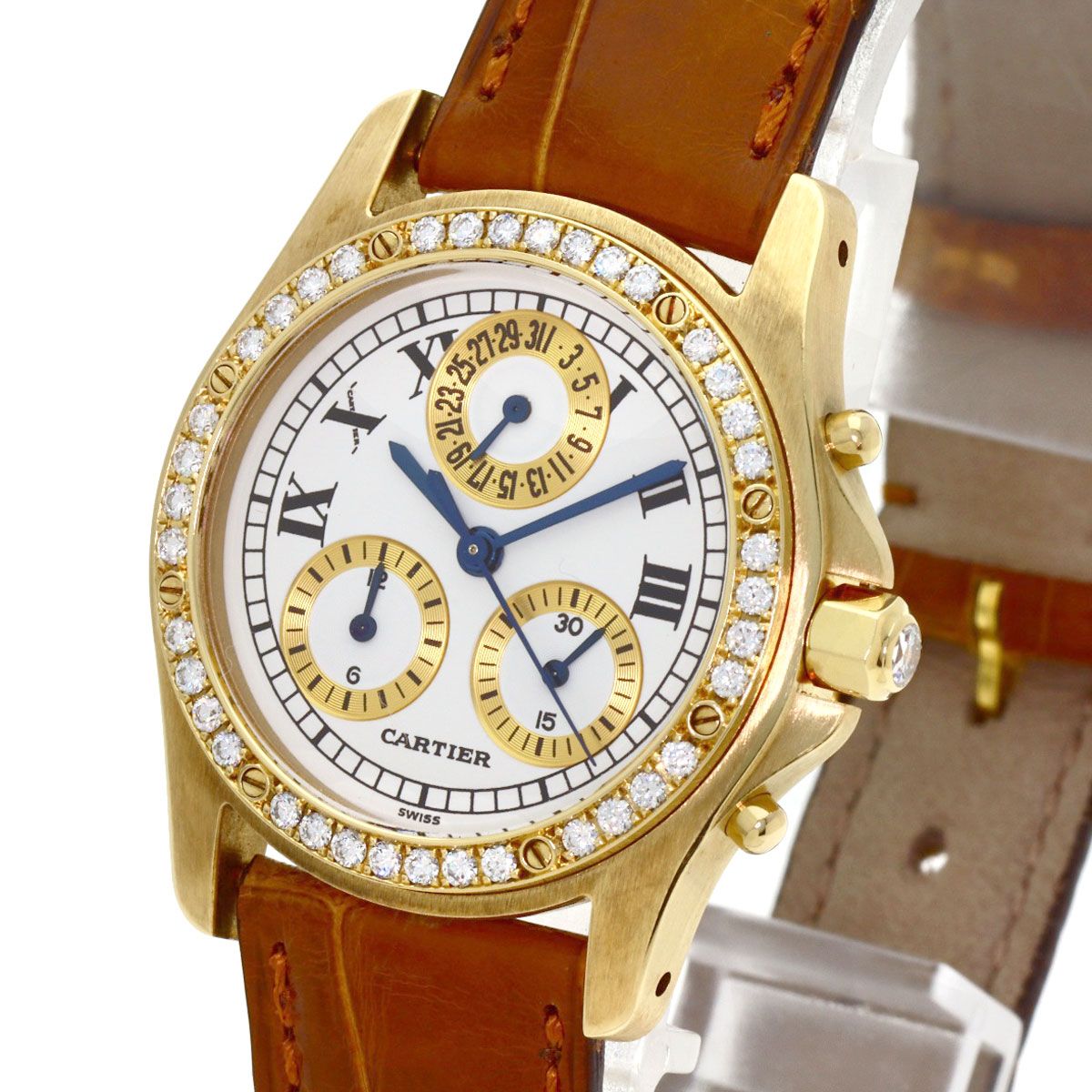 Cartier Santos Round Chrono Reflex Watch 18k Yellow Gold Leather Diamond — view 3