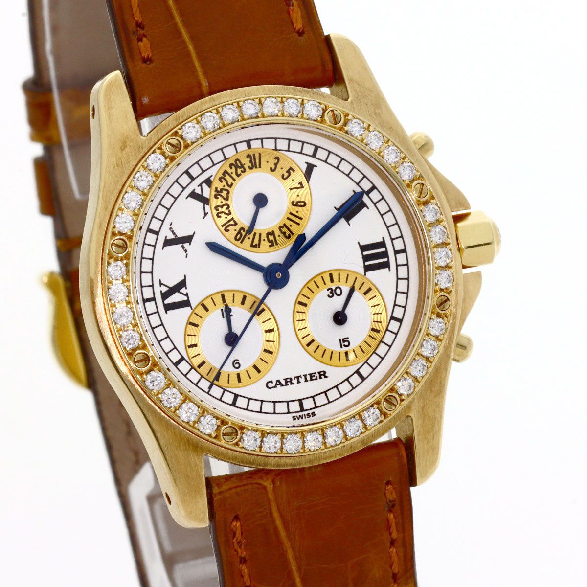 Cartier Santos Round Chrono Reflex Watch 18k Yellow Gold Leather Diamond — view 4