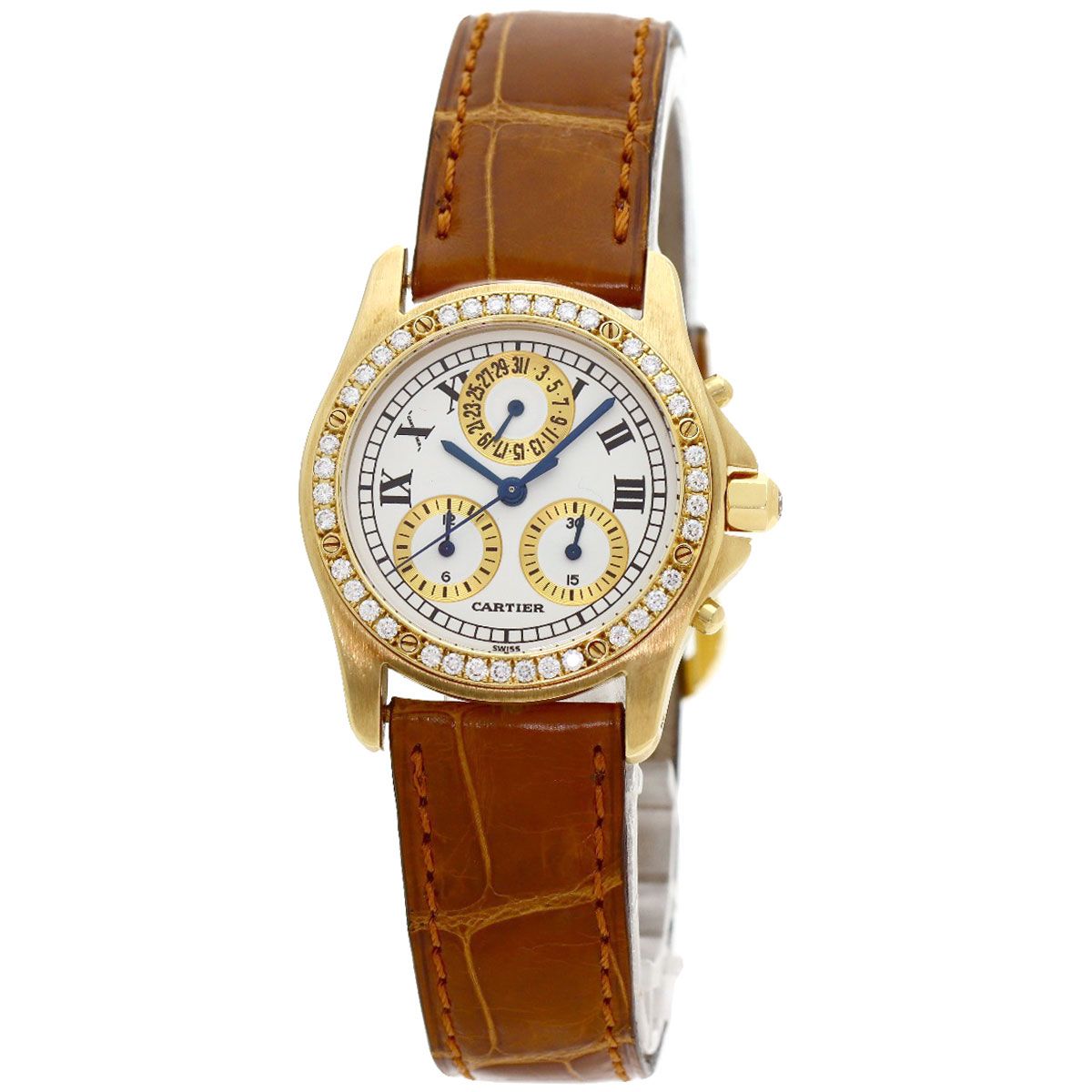 Cartier Santos Round Chrono Reflex Watch 18k Yellow Gold Leather Diamond