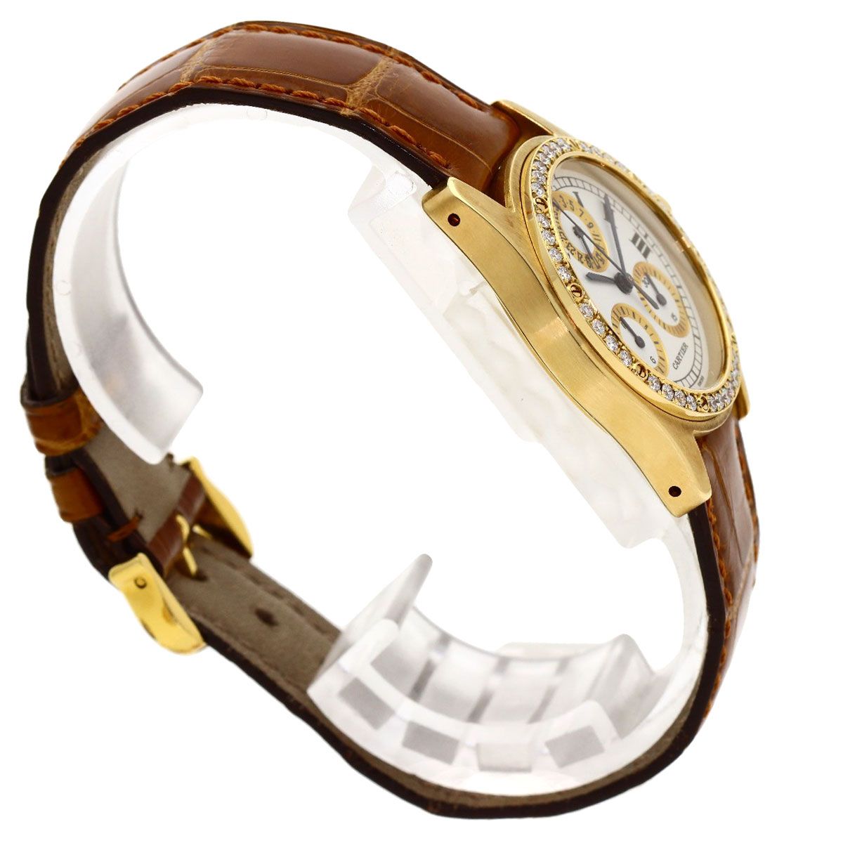 Cartier Santos Round Chrono Reflex Watch 18k Yellow Gold Leather Diamond — view 2