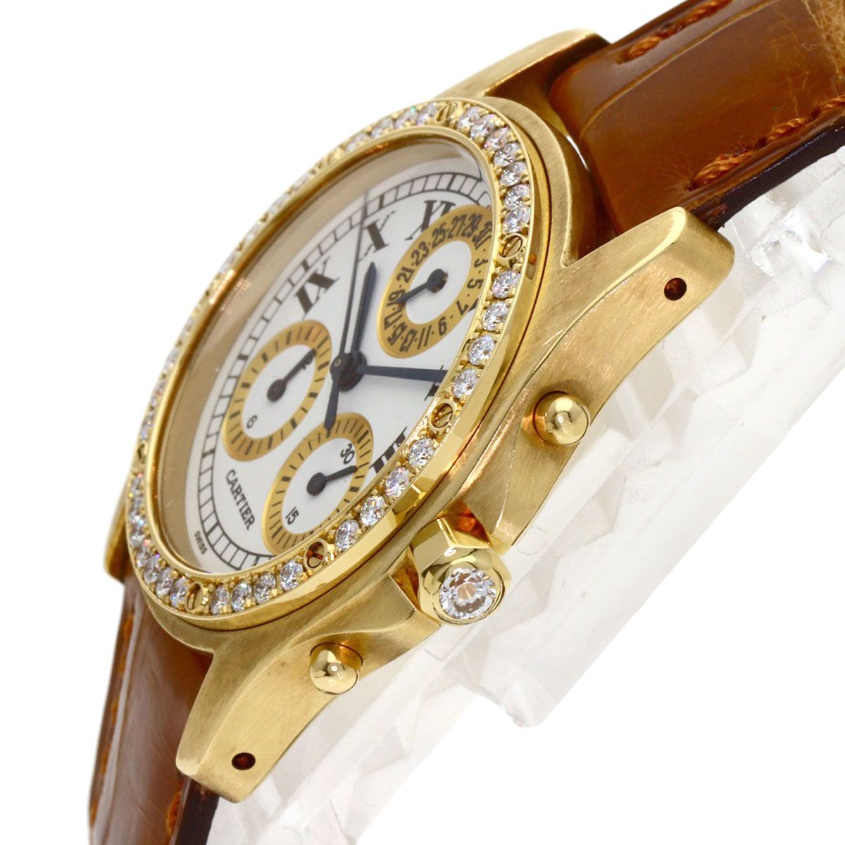 Cartier Santos Round Chrono Reflex Watch 18k Yellow Gold Leather Diamond — view 5