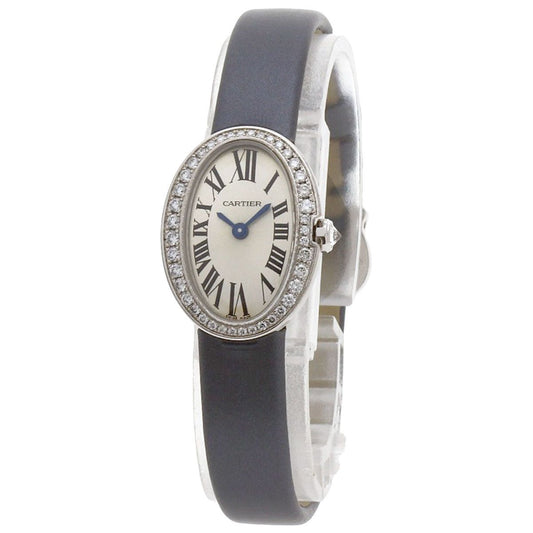 Cartier Mini Baignoire Watch 18k White Gold Satin Leather Diamond