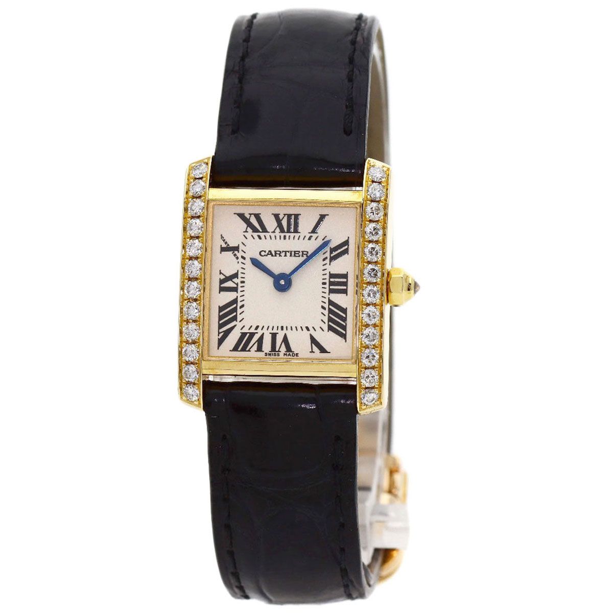 Cartier Tank Francaise SM Diamond Bezel Watch 18k Yellow Gold Leather