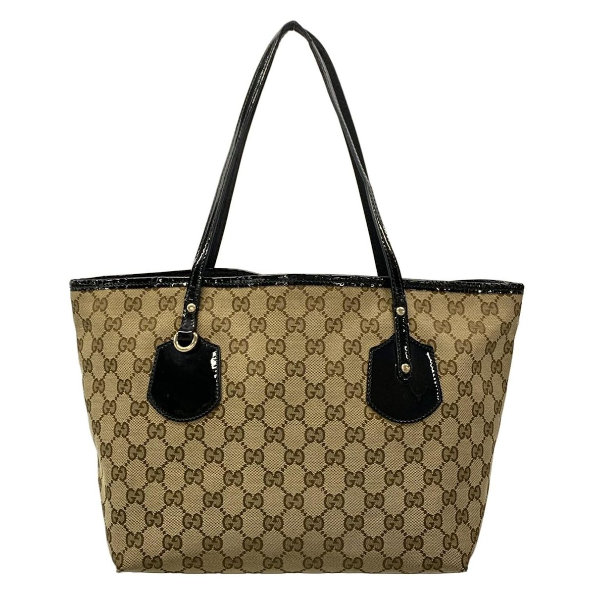 Gucci Tote Bag GG Pattern Dark Brown Beige Black Leather