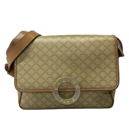 Celine Shoulder Bag Circle Logo Macadam Pattern Khaki Ivory Light Brown Leather