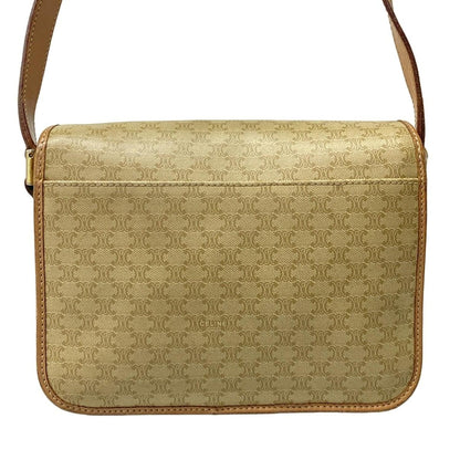 Celine Shoulder Bag Circle Logo Macadam Pattern Khaki Ivory Light Brown Leather — view 3