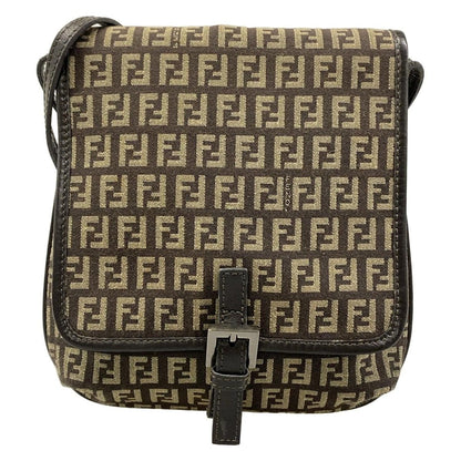 Fendi Shoulder Bag Zucchino Pattern Dark Brown Khaki Leather