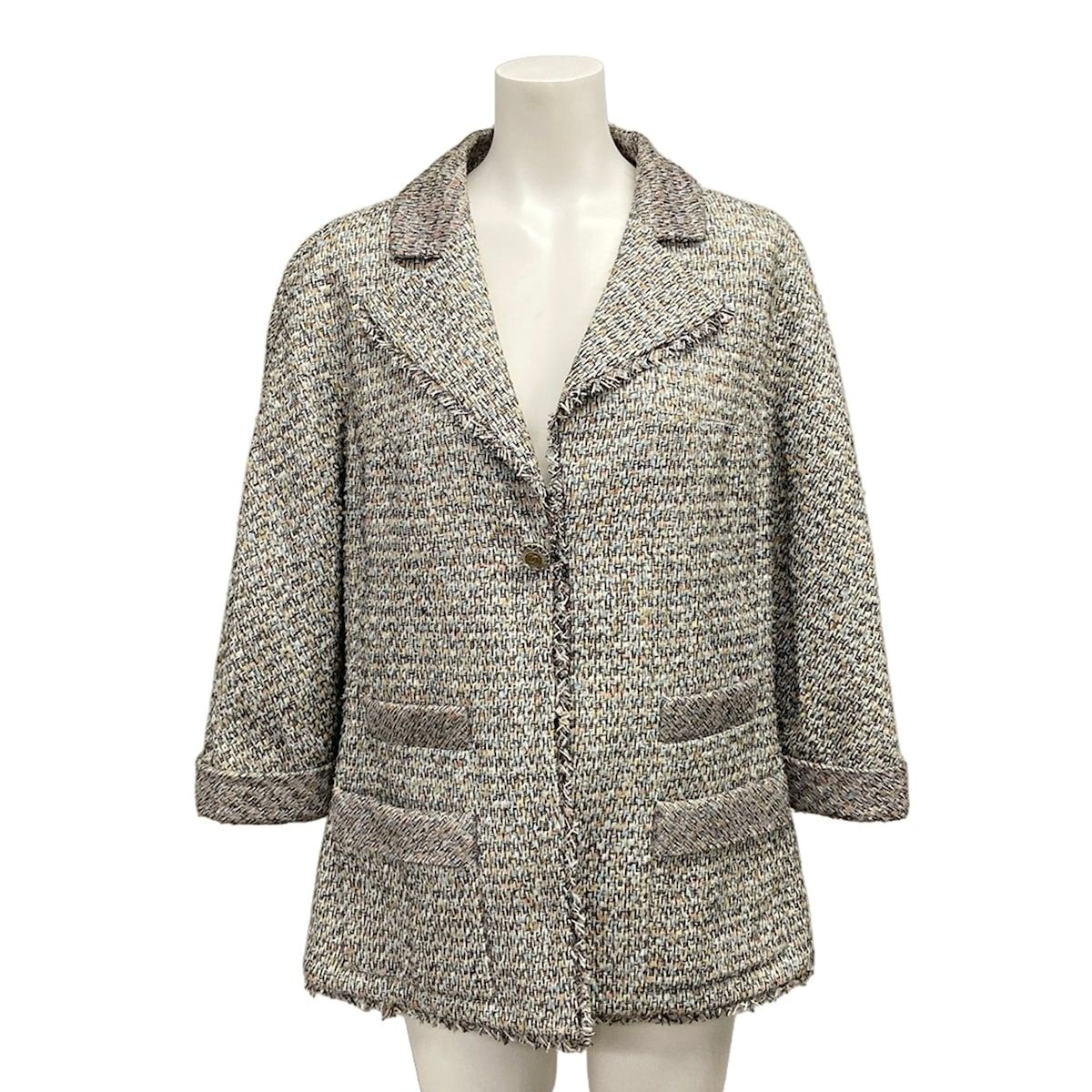 Chanel Jacket L Black White Multi Three Quarter Sleeve Tweed Cotton 42