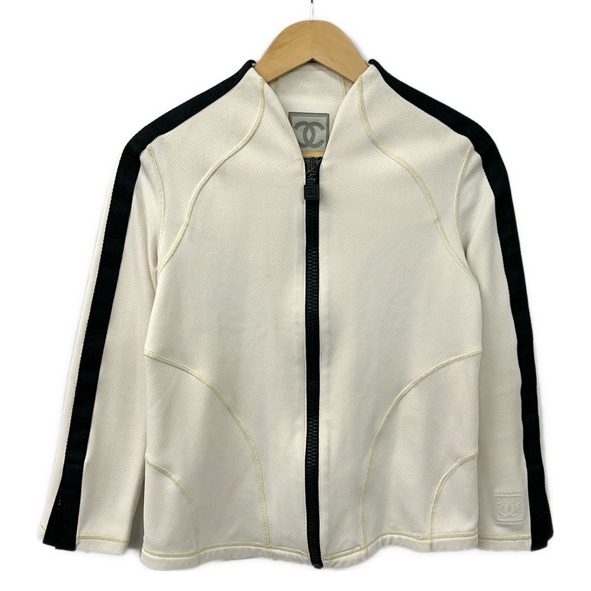 Chanel Jersey M Sport Line Ivory Black IDENTIFICATION T-Shirt 40