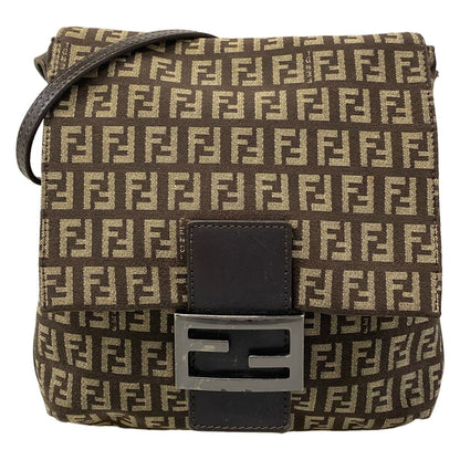 Fendi Shoulder Bag Zucchino Kamse Pochette Dark Brown Beige Leather