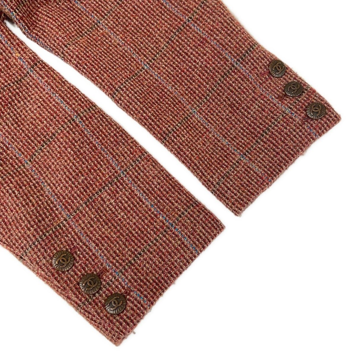 Chanel Jacket M Red Dark Brown Multi Shoulder Pad Long Sleeve Check Wool 38 — view 5