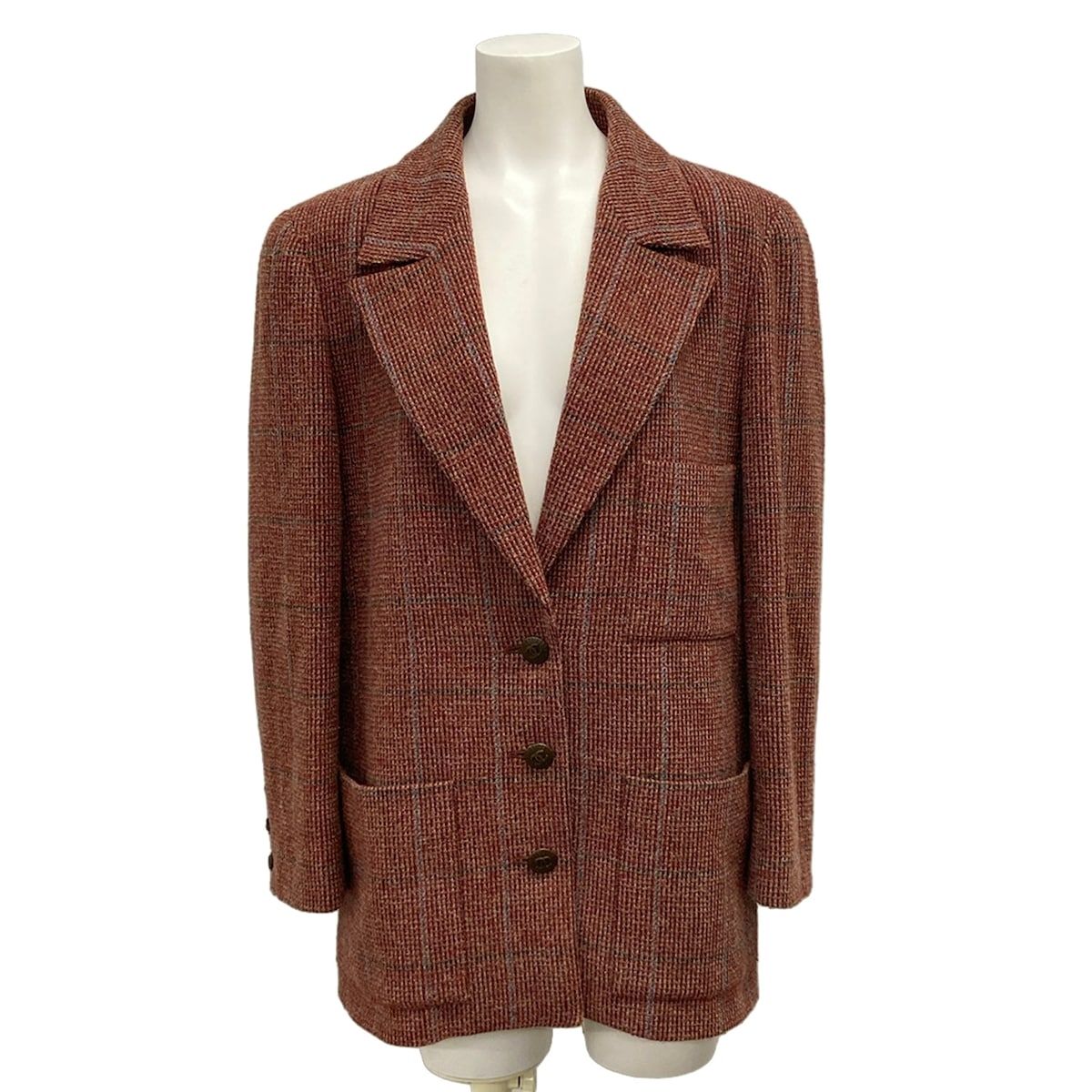 Chanel Jacket M Red Dark Brown Multi Shoulder Pad Long Sleeve Check Wool 38