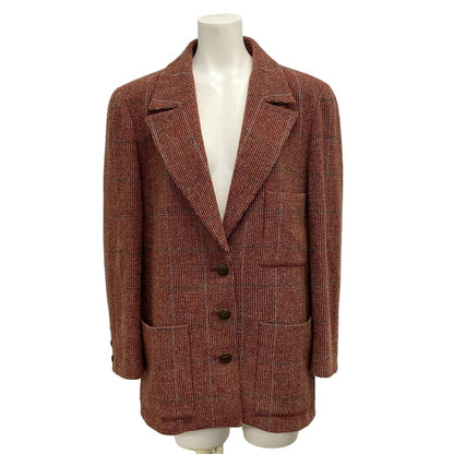 Chanel Jacket M Red Dark Brown Multi Shoulder Pad Long Sleeve Check Wool 38