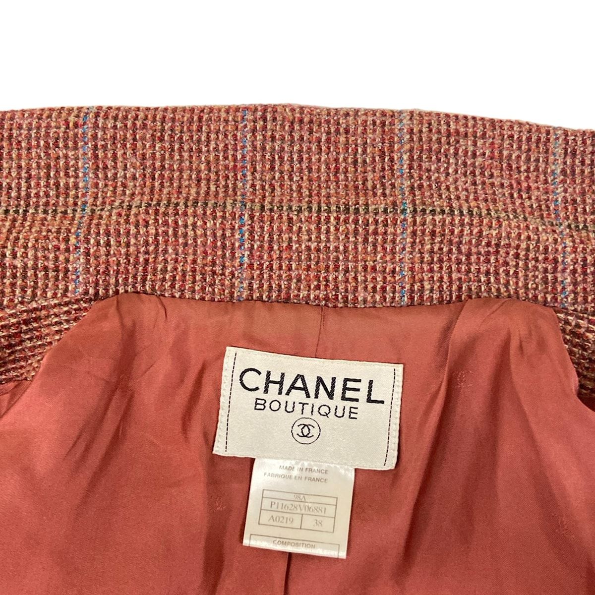 Chanel Jacket M Red Dark Brown Multi Shoulder Pad Long Sleeve Check Wool 38 — view 7