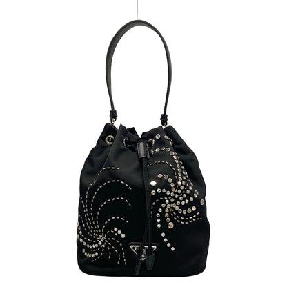 Prada Handbag Black Drawstring Rhinestone Beads Studs Re-Nylon Leather