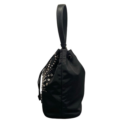 Prada Handbag Black Drawstring Rhinestone Beads Studs Re-Nylon Leather — view 4