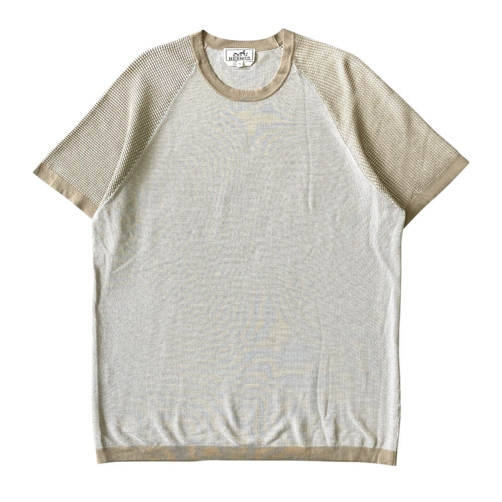 Hermes Cotton Short Sleeve Knit Sweater Top Beige White XL