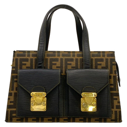 Fendi Handbag Zucca Pattern Black Brown Leather