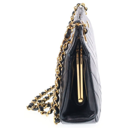 Chanel CC Logo Chevron V-stitch Chain Shoulder Bag Black Lambskin Gold — view 3