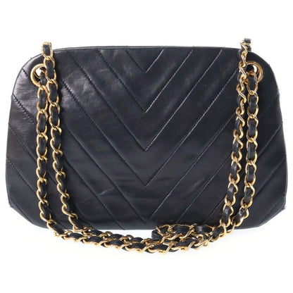 Chanel CC Logo Chevron V-stitch Chain Shoulder Bag Black Lambskin Gold — view 2