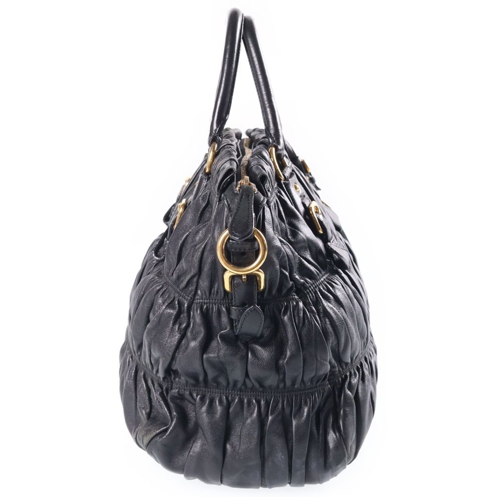 Prada 2-Way Gathered Tote Shoulder Bag Black Leather Gold — view 3