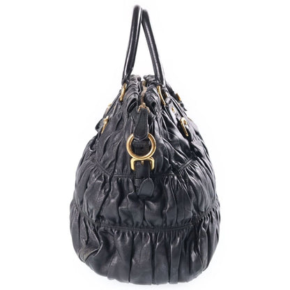 Prada 2-Way Gathered Tote Shoulder Bag Black Leather Gold — view 3