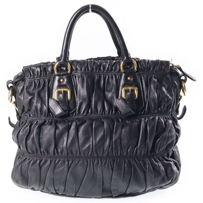 Prada 2-Way Gathered Tote Shoulder Bag Black Leather Gold — view 2