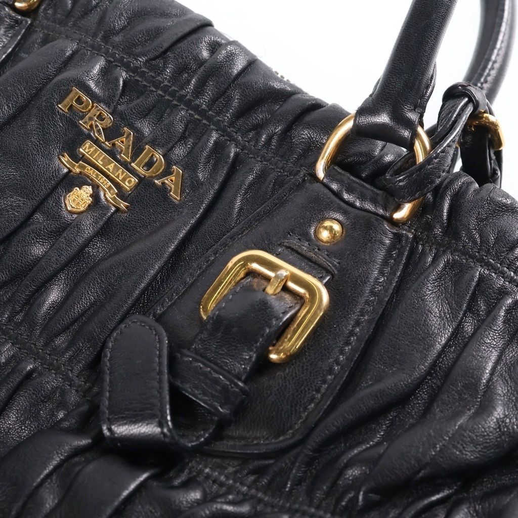 Prada 2-Way Gathered Tote Shoulder Bag Black Leather Gold — view 6
