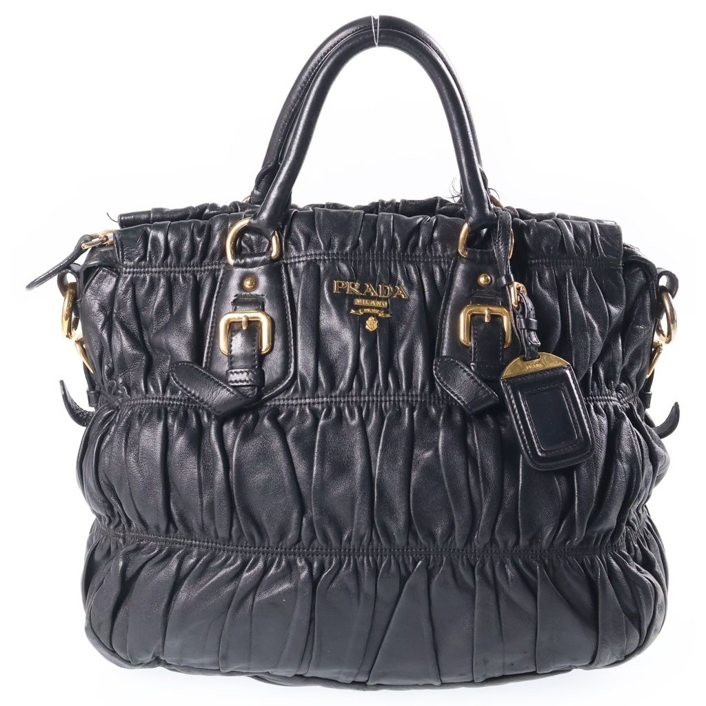 Prada 2-Way Gathered Tote Shoulder Bag Black Leather Gold