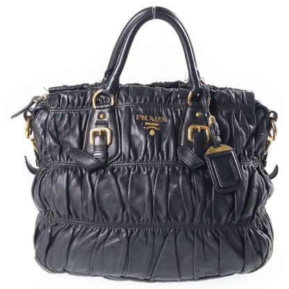 Prada 2-Way Gathered Tote Shoulder Bag Black Leather Gold