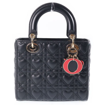 Dior Lady Dior Heart Cannage 2-Way Shoulder Bag Black Leather Gold