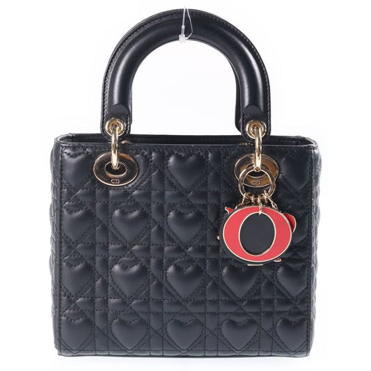 Dior Lady Dior Heart Cannage 2-Way Shoulder Bag Black Leather Gold